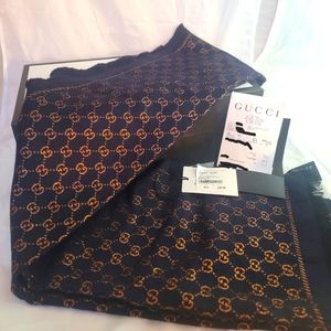Gucci Jacquard Navy& Copper Wool Scarf